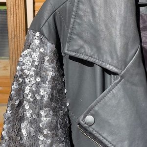Vegan leather motorcycle jacket with silver sequin sleeves